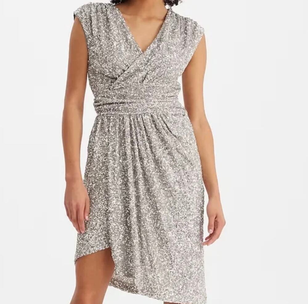 NWT Express Silver Sequin Draped Wrap Sleeveless Party Cocktail Dress - S